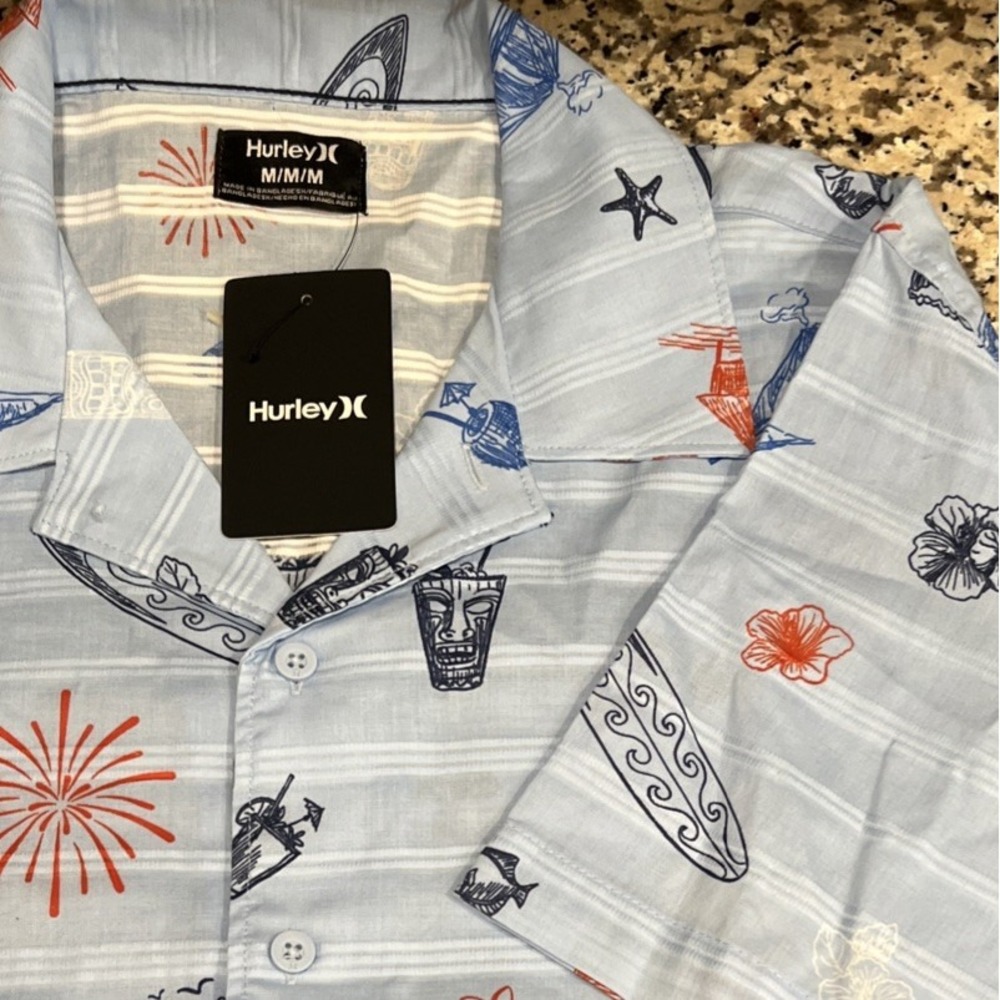 NEW $55 Hurley Surf Shack Cocktails Woven Shirt Mystic Blue Short Sleeve Mens M